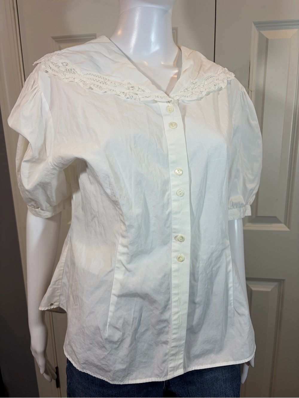 Laura Ashley White Lace-Trim Button-Front Blouse